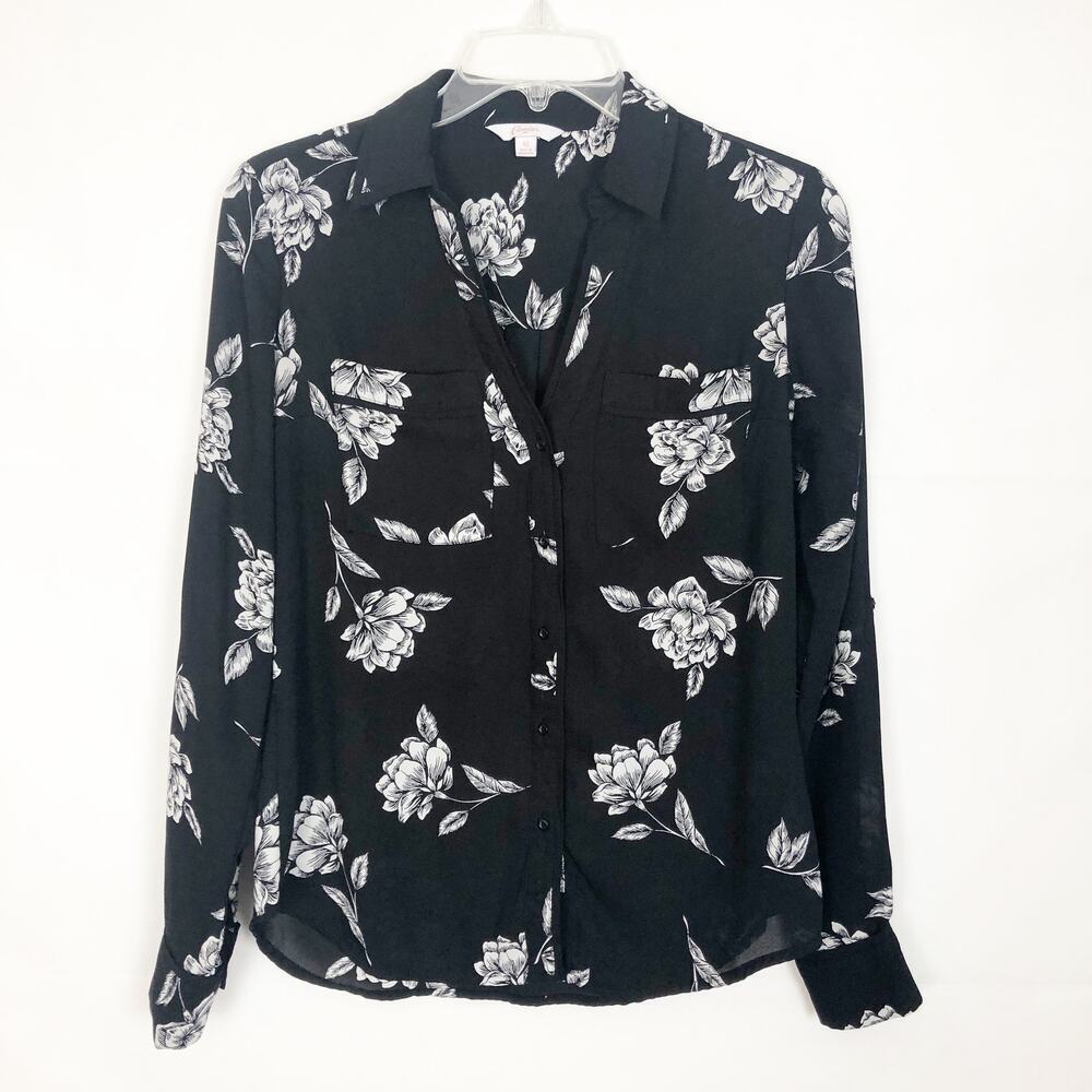Candie's Floral Black Button Front Chiffon Blouse Size XS